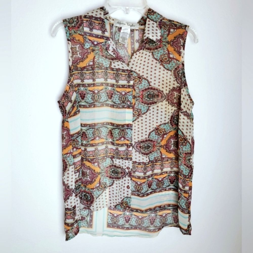 Alexis Taylor Sheer Paisley Scarf Print Sleeveless Button Down Blouse, Sz L